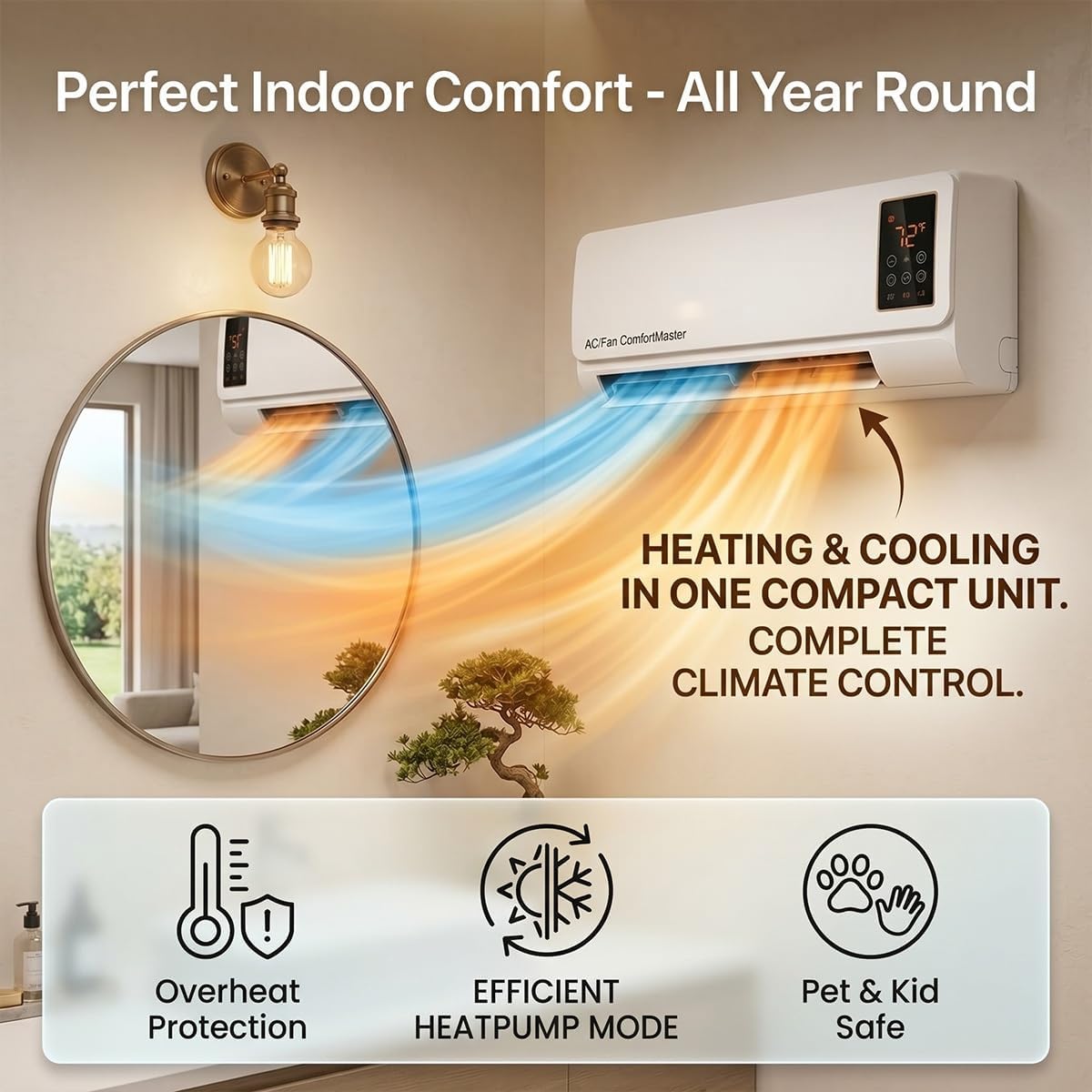 Smart Garden Offices - เครื่องปรับอากาศและเครื่องทำความร้อนติดผนัง 1800W แบบ 2-in-1, เครื่องปรับอากาศแบบพกพาติดผนังไม่ต้องใช้ท่อ, เครื่องทำความร้อนอัจฉริยะเงียบพร้อมตัวตั้งเวลา